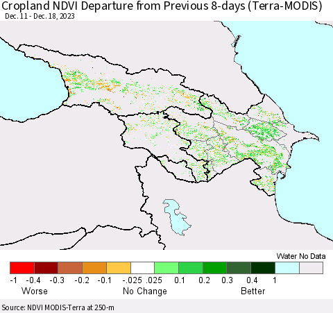 Azerbaijan, Armenia and Georgia Cropland NDVI Departure from Previous 8-days (Terra-MODIS) Thematic Map For 12/11/2023 - 12/18/2023
