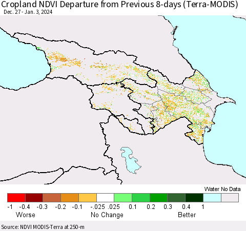 Azerbaijan, Armenia and Georgia Cropland NDVI Departure from Previous 8-days (Terra-MODIS) Thematic Map For 12/27/2023 - 1/3/2024