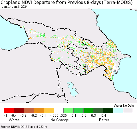 Azerbaijan, Armenia and Georgia Cropland NDVI Departure from Previous 8-days (Terra-MODIS) Thematic Map For 1/1/2024 - 1/8/2024