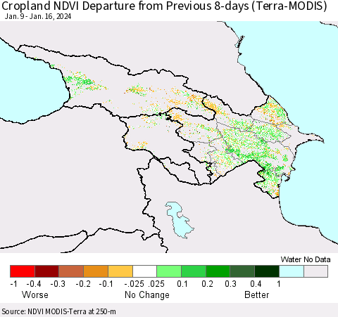 Azerbaijan, Armenia and Georgia Cropland NDVI Departure from Previous 8-days (Terra-MODIS) Thematic Map For 1/9/2024 - 1/16/2024