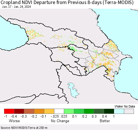 Azerbaijan, Armenia and Georgia Cropland NDVI Departure from Previous 8-days (Terra-MODIS) Thematic Map For 1/17/2024 - 1/24/2024