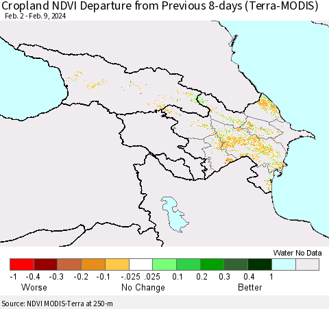 Azerbaijan, Armenia and Georgia Cropland NDVI Departure from Previous 8-days (Terra-MODIS) Thematic Map For 2/2/2024 - 2/9/2024