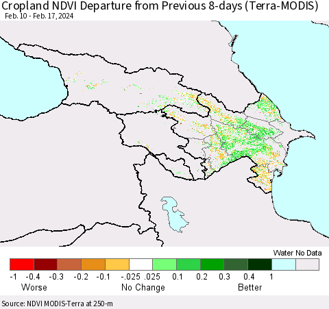 Azerbaijan, Armenia and Georgia Cropland NDVI Departure from Previous 8-days (Terra-MODIS) Thematic Map For 2/10/2024 - 2/17/2024