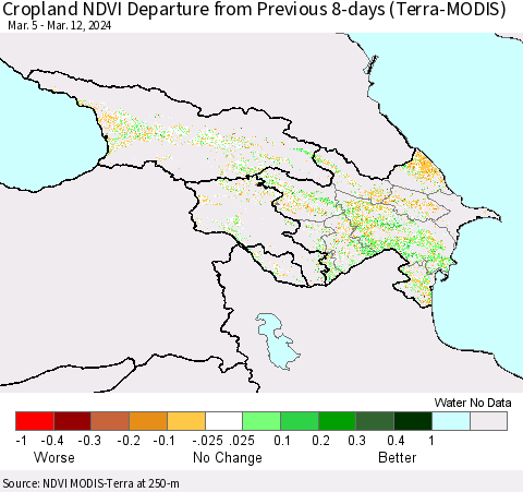 Azerbaijan, Armenia and Georgia Cropland NDVI Departure from Previous 8-days (Terra-MODIS) Thematic Map For 3/5/2024 - 3/12/2024