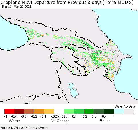 Azerbaijan, Armenia and Georgia Cropland NDVI Departure from Previous 8-days (Terra-MODIS) Thematic Map For 3/13/2024 - 3/20/2024