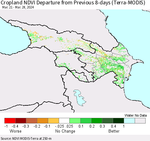 Azerbaijan, Armenia and Georgia Cropland NDVI Departure from Previous 8-days (Terra-MODIS) Thematic Map For 3/21/2024 - 3/28/2024