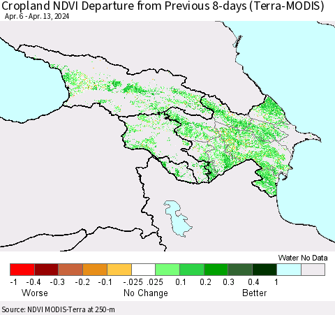 Azerbaijan, Armenia and Georgia Cropland NDVI Departure from Previous 8-days (Terra-MODIS) Thematic Map For 4/6/2024 - 4/13/2024