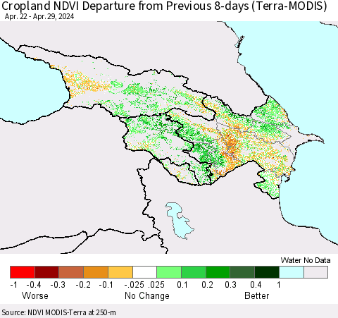 Azerbaijan, Armenia and Georgia Cropland NDVI Departure from Previous 8-days (Terra-MODIS) Thematic Map For 4/22/2024 - 4/29/2024