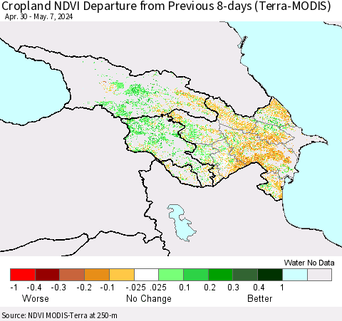 Azerbaijan, Armenia and Georgia Cropland NDVI Departure from Previous 8-days (Terra-MODIS) Thematic Map For 4/30/2024 - 5/7/2024