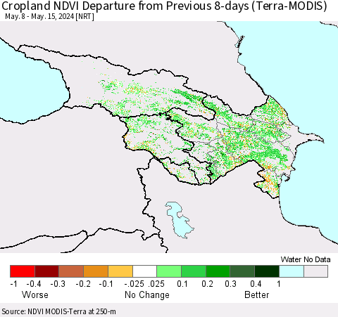 Azerbaijan, Armenia and Georgia Cropland NDVI Departure from Previous 8-days (Terra-MODIS) Thematic Map For 5/8/2024 - 5/15/2024