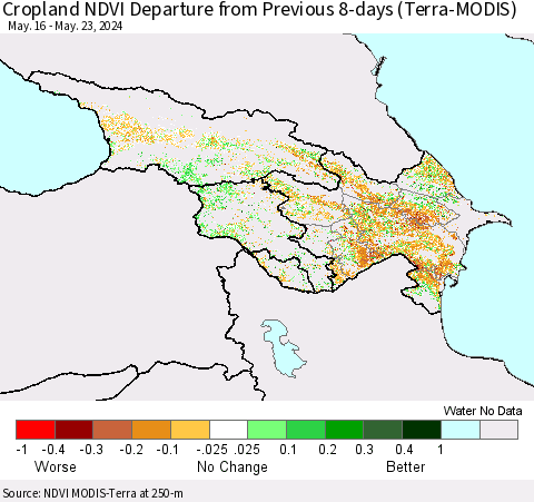 Azerbaijan, Armenia and Georgia Cropland NDVI Departure from Previous 8-days (Terra-MODIS) Thematic Map For 5/16/2024 - 5/23/2024