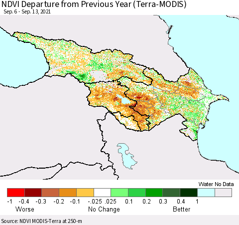 Azerbaijan, Armenia and Georgia NDVI Departure from Previous Year (Terra-MODIS) Thematic Map For 9/6/2021 - 9/13/2021