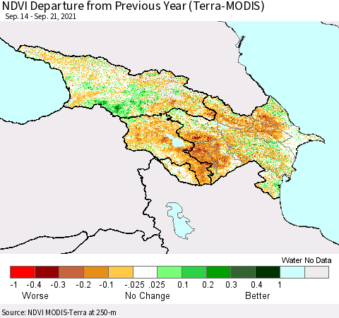 Azerbaijan, Armenia and Georgia NDVI Departure from Previous Year (Terra-MODIS) Thematic Map For 9/14/2021 - 9/21/2021