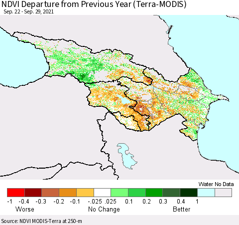 Azerbaijan, Armenia and Georgia NDVI Departure from Previous Year (Terra-MODIS) Thematic Map For 9/22/2021 - 9/29/2021