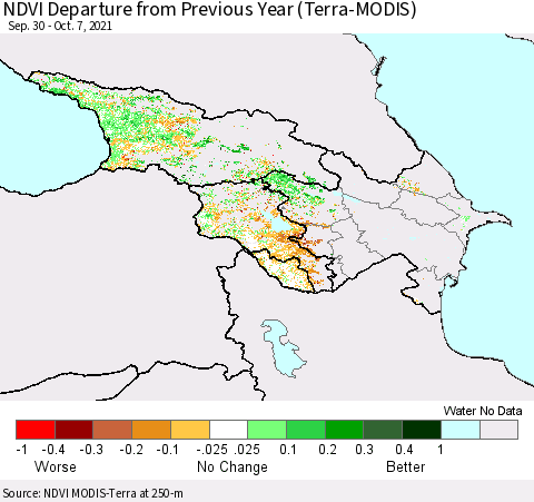 Azerbaijan, Armenia and Georgia NDVI Departure from Previous Year (Terra-MODIS) Thematic Map For 9/30/2021 - 10/7/2021