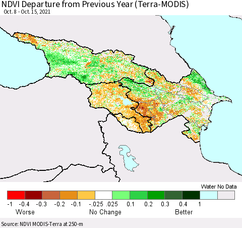 Azerbaijan, Armenia and Georgia NDVI Departure from Previous Year (Terra-MODIS) Thematic Map For 10/8/2021 - 10/15/2021