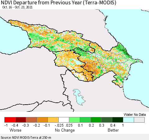 Azerbaijan, Armenia and Georgia NDVI Departure from Previous Year (Terra-MODIS) Thematic Map For 10/16/2021 - 10/23/2021