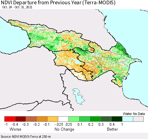 Azerbaijan, Armenia and Georgia NDVI Departure from Previous Year (Terra-MODIS) Thematic Map For 10/24/2021 - 10/31/2021