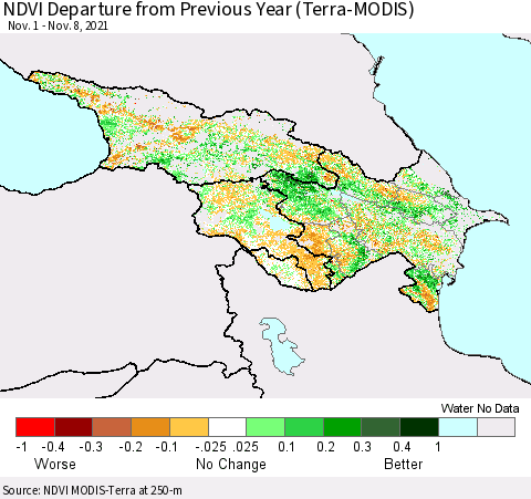 Azerbaijan, Armenia and Georgia NDVI Departure from Previous Year (Terra-MODIS) Thematic Map For 11/1/2021 - 11/8/2021