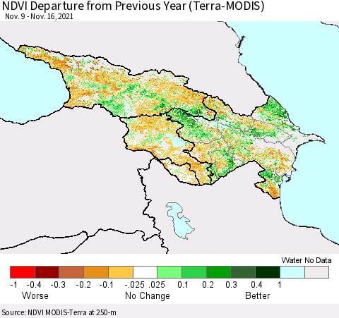 Azerbaijan, Armenia and Georgia NDVI Departure from Previous Year (Terra-MODIS) Thematic Map For 11/9/2021 - 11/16/2021