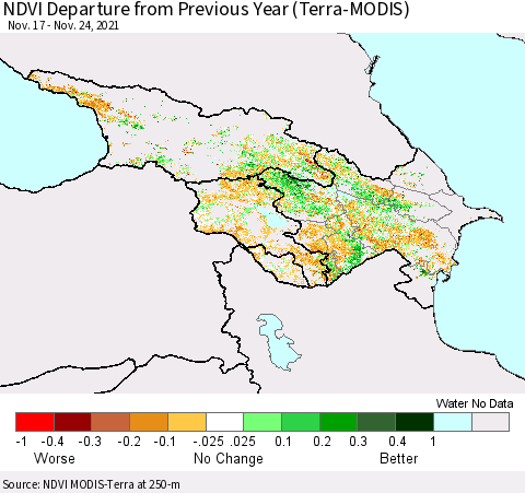 Azerbaijan, Armenia and Georgia NDVI Departure from Previous Year (Terra-MODIS) Thematic Map For 11/17/2021 - 11/24/2021
