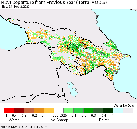 Azerbaijan, Armenia and Georgia NDVI Departure from Previous Year (Terra-MODIS) Thematic Map For 11/25/2021 - 12/2/2021