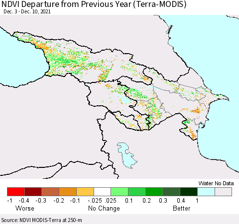 Azerbaijan, Armenia and Georgia NDVI Departure from Previous Year (Terra-MODIS) Thematic Map For 12/3/2021 - 12/10/2021
