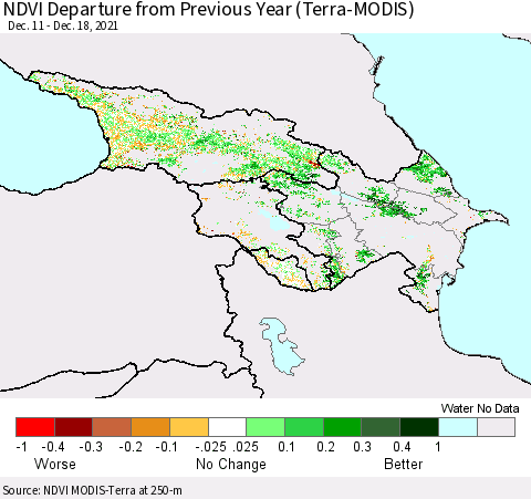 Azerbaijan, Armenia and Georgia NDVI Departure from Previous Year (Terra-MODIS) Thematic Map For 12/11/2021 - 12/18/2021
