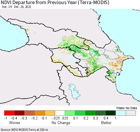Azerbaijan, Armenia and Georgia NDVI Departure from Previous Year (Terra-MODIS) Thematic Map For 12/19/2021 - 12/26/2021