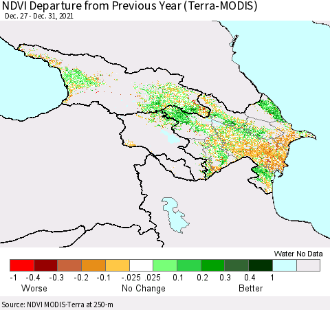 Azerbaijan, Armenia and Georgia NDVI Departure from Previous Year (Terra-MODIS) Thematic Map For 12/26/2021 - 1/2/2022