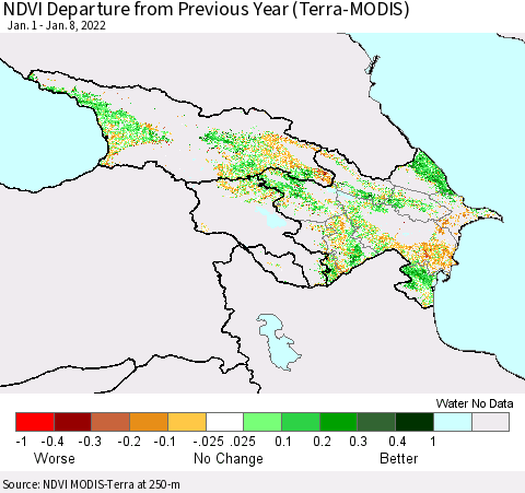 Azerbaijan, Armenia and Georgia NDVI Departure from Previous Year (Terra-MODIS) Thematic Map For 1/1/2022 - 1/8/2022