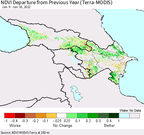 Azerbaijan, Armenia and Georgia NDVI Departure from Previous Year (Terra-MODIS) Thematic Map For 1/9/2022 - 1/16/2022