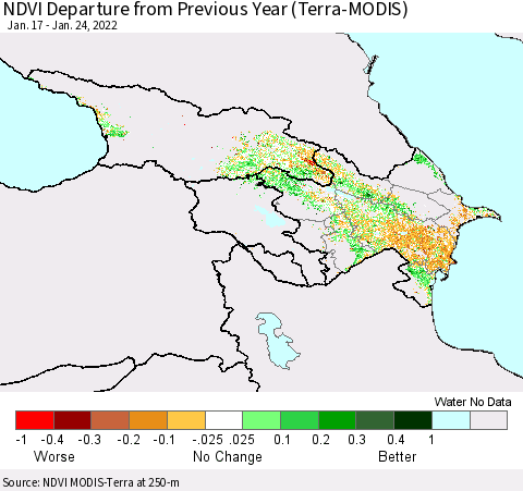 Azerbaijan, Armenia and Georgia NDVI Departure from Previous Year (Terra-MODIS) Thematic Map For 1/17/2022 - 1/24/2022