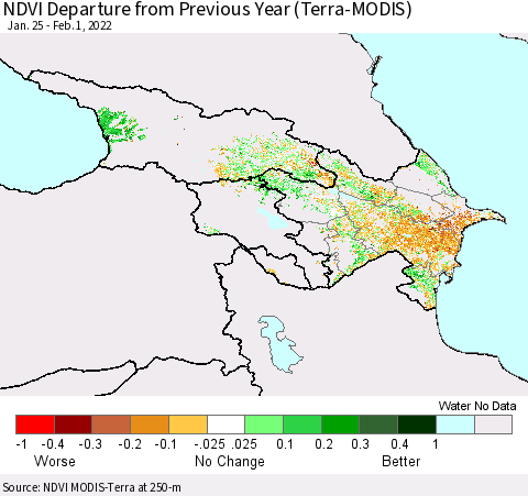 Azerbaijan, Armenia and Georgia NDVI Departure from Previous Year (Terra-MODIS) Thematic Map For 1/25/2022 - 2/1/2022