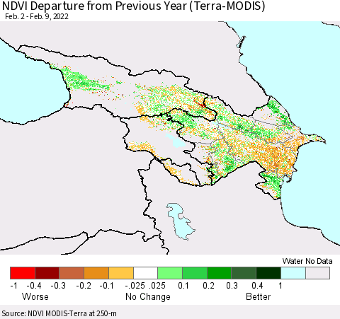 Azerbaijan, Armenia and Georgia NDVI Departure from Previous Year (Terra-MODIS) Thematic Map For 2/2/2022 - 2/9/2022