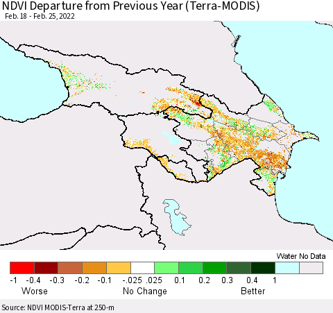 Azerbaijan, Armenia and Georgia NDVI Departure from Previous Year (Terra-MODIS) Thematic Map For 2/18/2022 - 2/25/2022