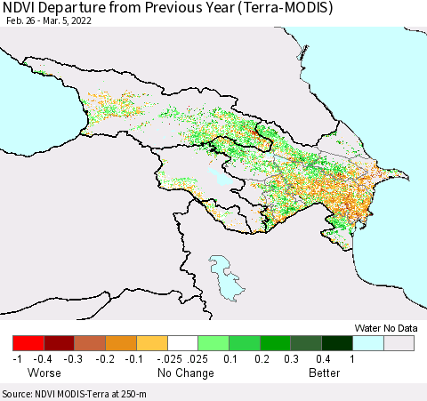 Azerbaijan, Armenia and Georgia NDVI Departure from Previous Year (Terra-MODIS) Thematic Map For 2/26/2022 - 3/5/2022