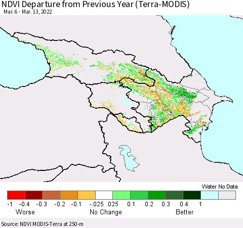 Azerbaijan, Armenia and Georgia NDVI Departure from Previous Year (Terra-MODIS) Thematic Map For 3/6/2022 - 3/13/2022