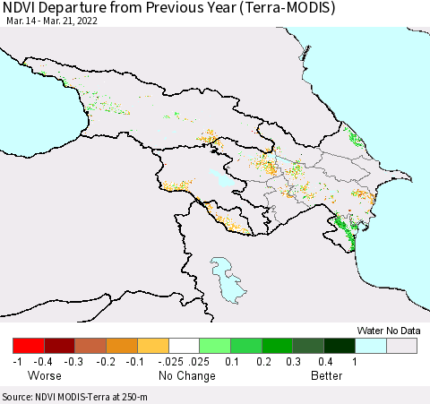 Azerbaijan, Armenia and Georgia NDVI Departure from Previous Year (Terra-MODIS) Thematic Map For 3/14/2022 - 3/21/2022