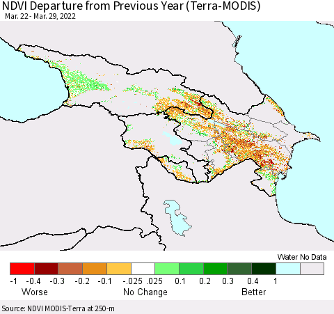 Azerbaijan, Armenia and Georgia NDVI Departure from Previous Year (Terra-MODIS) Thematic Map For 3/22/2022 - 3/29/2022