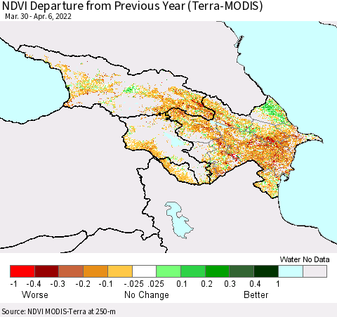 Azerbaijan, Armenia and Georgia NDVI Departure from Previous Year (Terra-MODIS) Thematic Map For 3/30/2022 - 4/6/2022