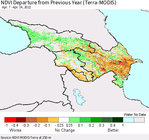 Azerbaijan, Armenia and Georgia NDVI Departure from Previous Year (Terra-MODIS) Thematic Map For 4/7/2022 - 4/14/2022