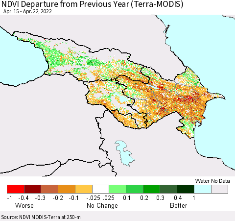 Azerbaijan, Armenia and Georgia NDVI Departure from Previous Year (Terra-MODIS) Thematic Map For 4/15/2022 - 4/22/2022