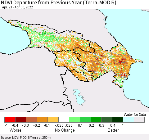 Azerbaijan, Armenia and Georgia NDVI Departure from Previous Year (Terra-MODIS) Thematic Map For 4/23/2022 - 4/30/2022
