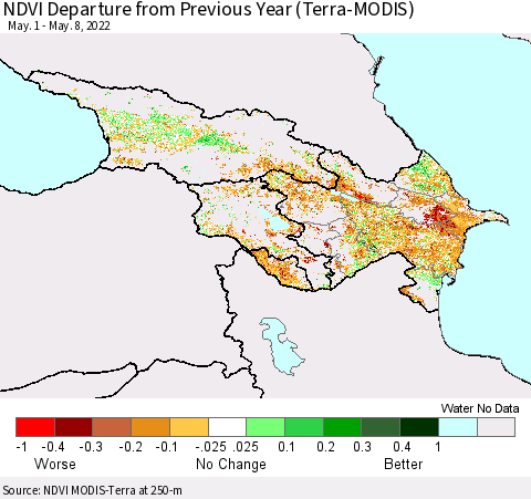 Azerbaijan, Armenia and Georgia NDVI Departure from Previous Year (Terra-MODIS) Thematic Map For 5/1/2022 - 5/8/2022