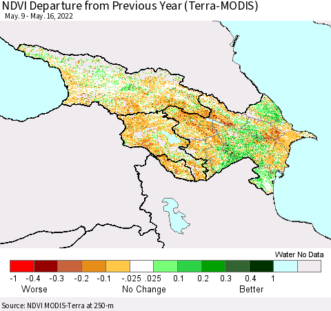 Azerbaijan, Armenia and Georgia NDVI Departure from Previous Year (Terra-MODIS) Thematic Map For 5/9/2022 - 5/16/2022