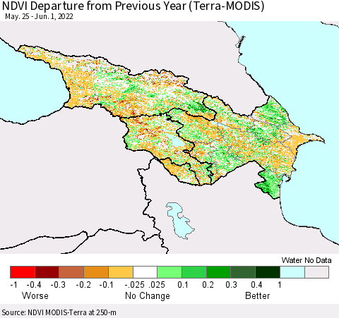 Azerbaijan, Armenia and Georgia NDVI Departure from Previous Year (Terra-MODIS) Thematic Map For 5/25/2022 - 6/1/2022