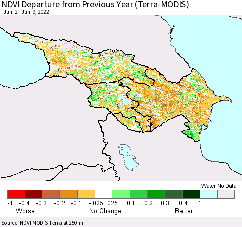 Azerbaijan, Armenia and Georgia NDVI Departure from Previous Year (Terra-MODIS) Thematic Map For 6/2/2022 - 6/9/2022