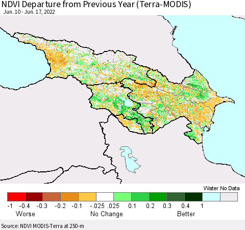 Azerbaijan, Armenia and Georgia NDVI Departure from Previous Year (Terra-MODIS) Thematic Map For 6/10/2022 - 6/17/2022