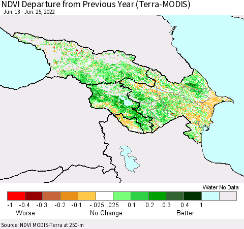Azerbaijan, Armenia and Georgia NDVI Departure from Previous Year (Terra-MODIS) Thematic Map For 6/18/2022 - 6/25/2022